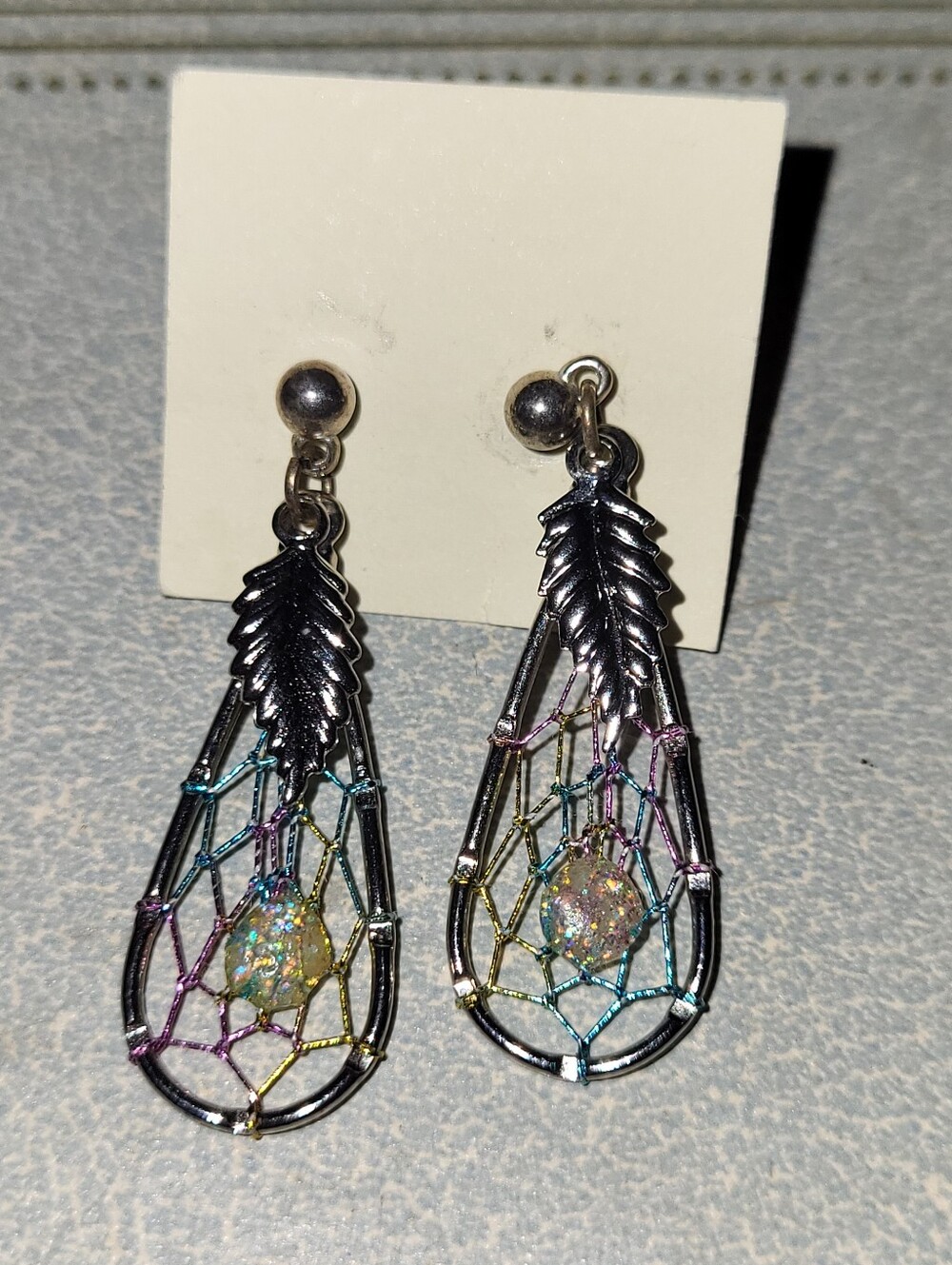 Silver Dreamcatcher Dangle Earrings Multicolor Iridescent Web Leaf Charm
